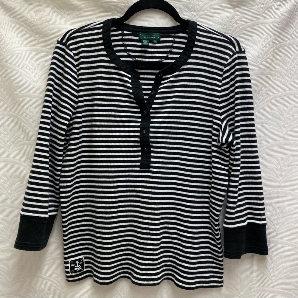 Ralph Lauren Top Womens XL Black Stripe Henley Nautical Beachy Pullover Ribbed